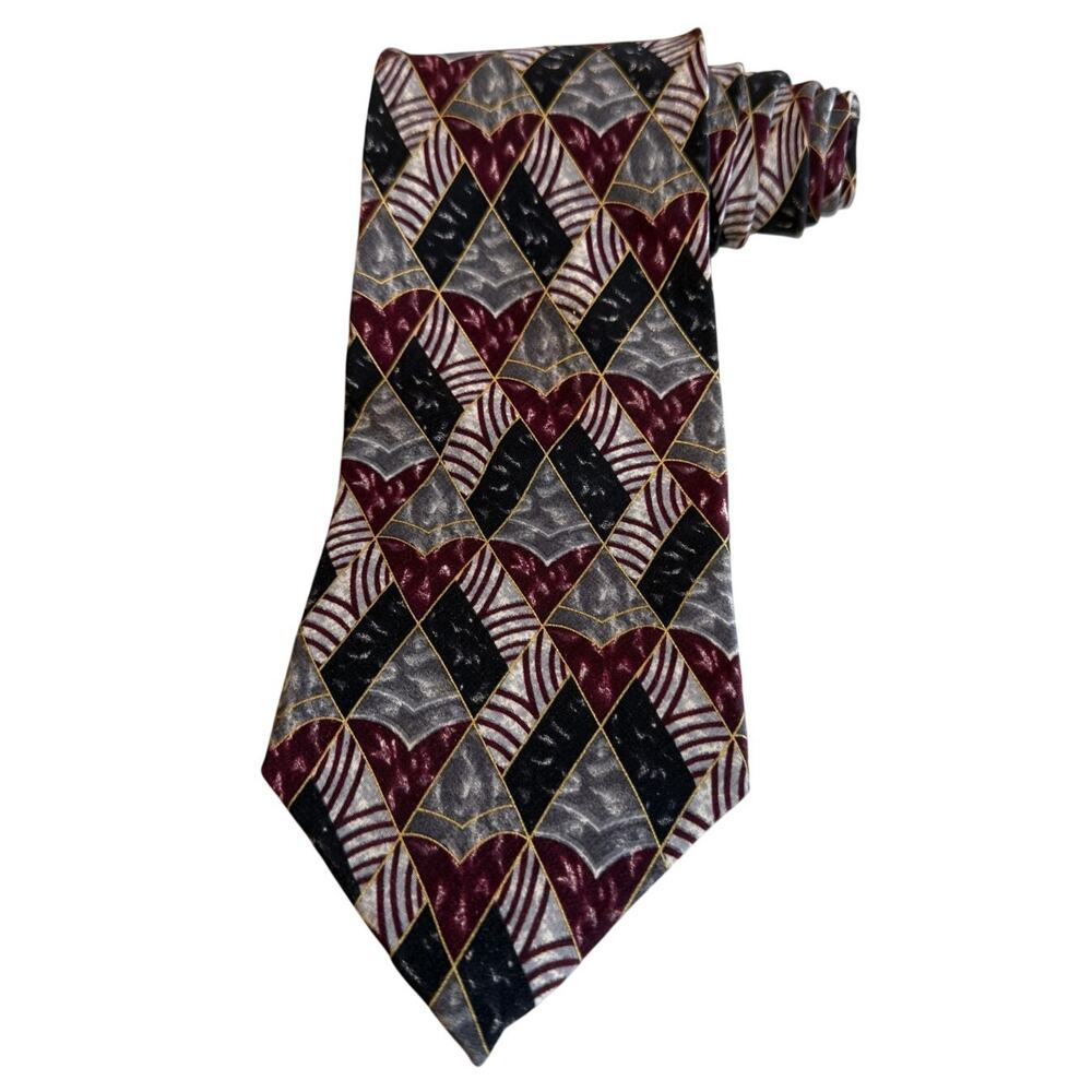 Emilio Pucci Silk Necktie Geometric Print Maroon Black